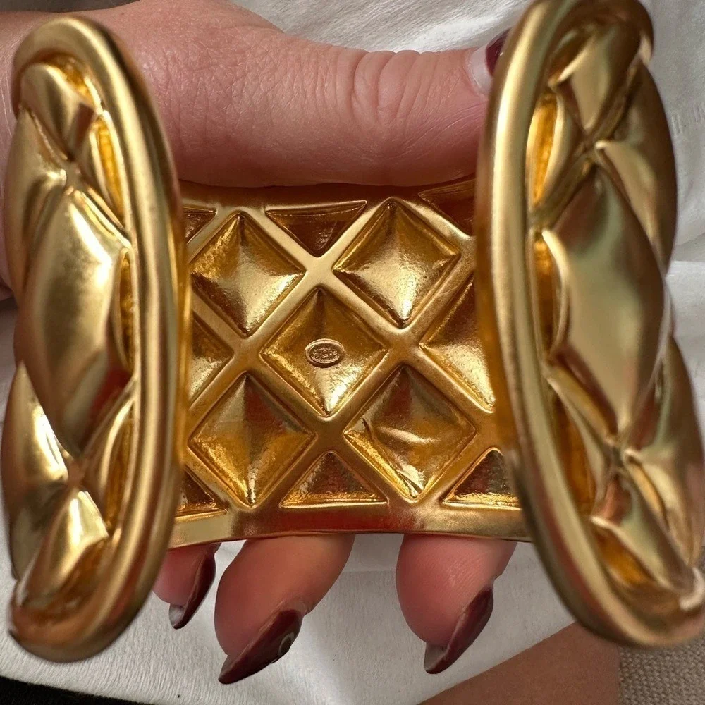 Chanel 2017 Spring 17P Gold Quilted Matelasse Wide Cuff Bracelet Made in France